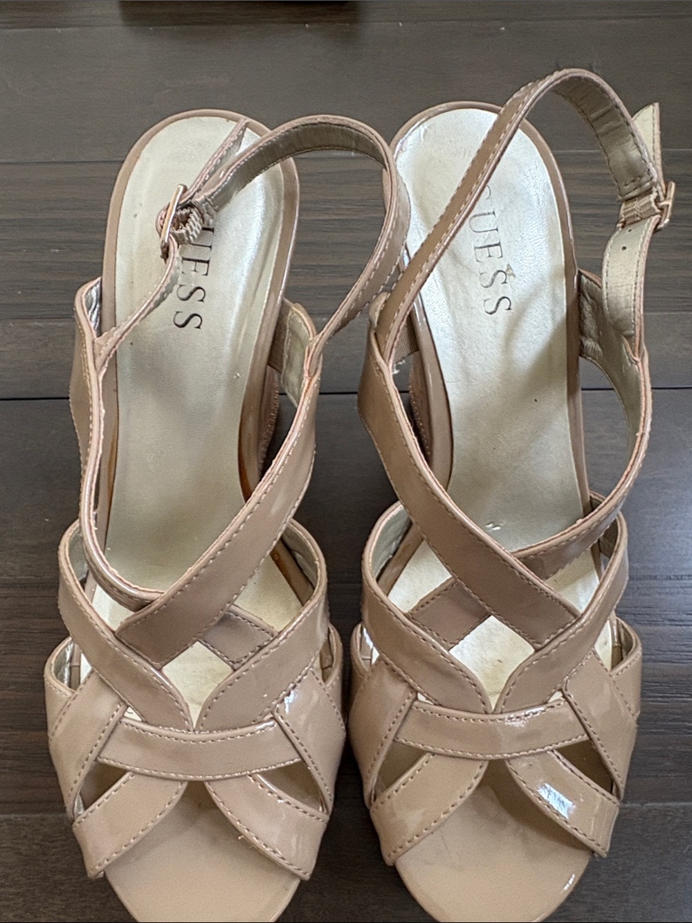 GUESS Nude Patent Leather Crisscross Slingback Heels